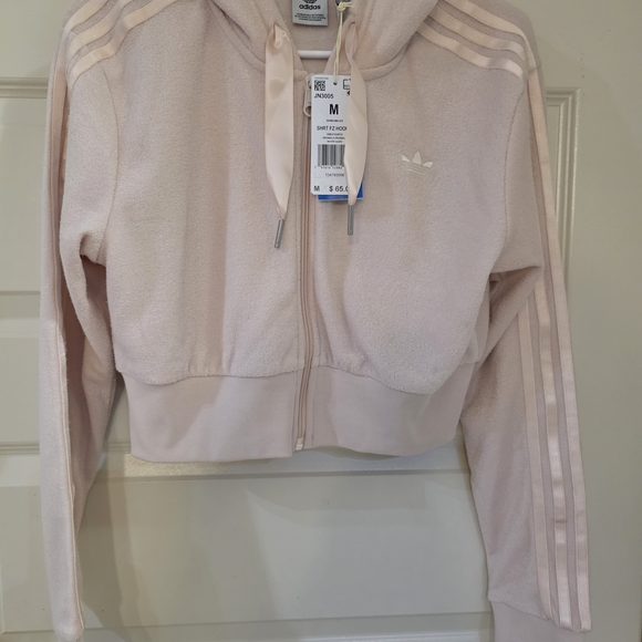 Adidas Cropped Zip Hoodie Pink 3-Stripe Athletic Jacket Size M NWT - Picture 2 of 8